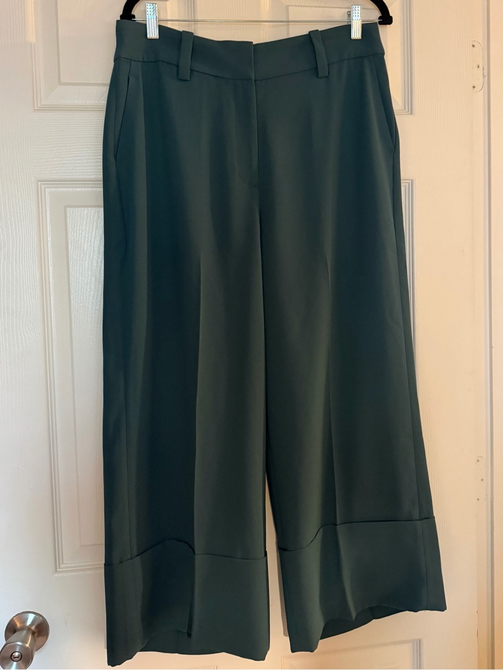 J. Crew 365 Crepe Dark Green/Teal Wide-Leg Cropped and Cuffed Trousers